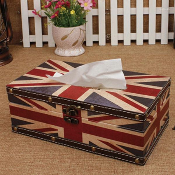 

retro union jack leather waterproof tissue box tray pumping creative wooden napkin box wooden leather tissue canister desk decor1
