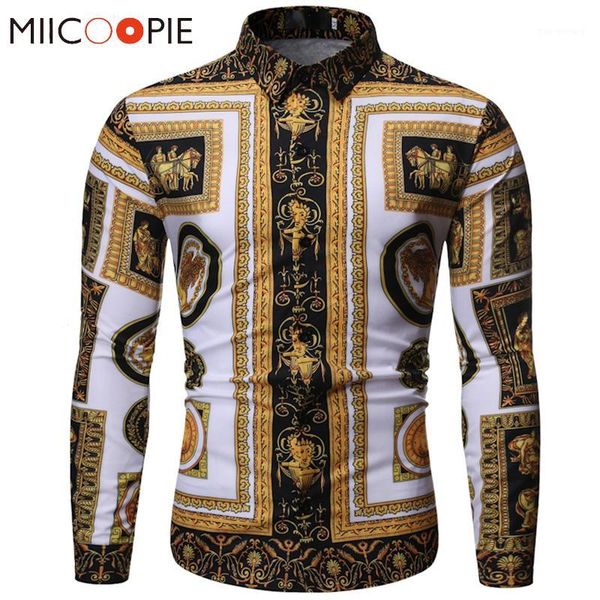 

fashion luxury royal shirt korean style men baroque floral print chemise homme manche longue slim fit male casual dress shirt1, White;black
