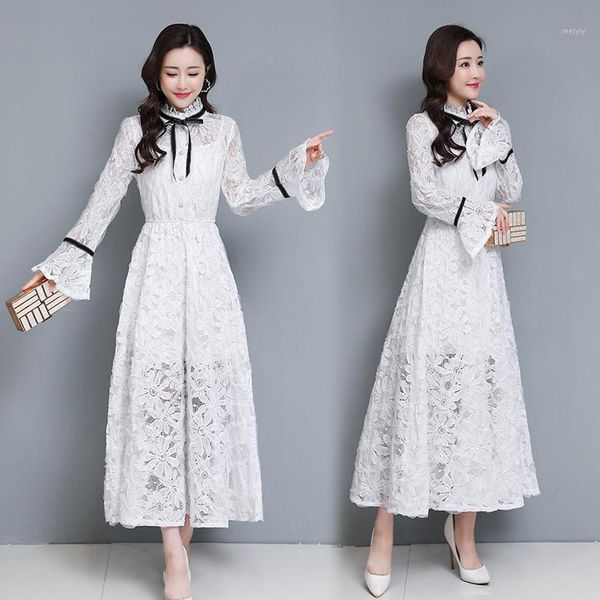 

white lace dress high waist slim 2021 new spring long sleeve base buttons shirt long dresses for women clothes1, Black;gray