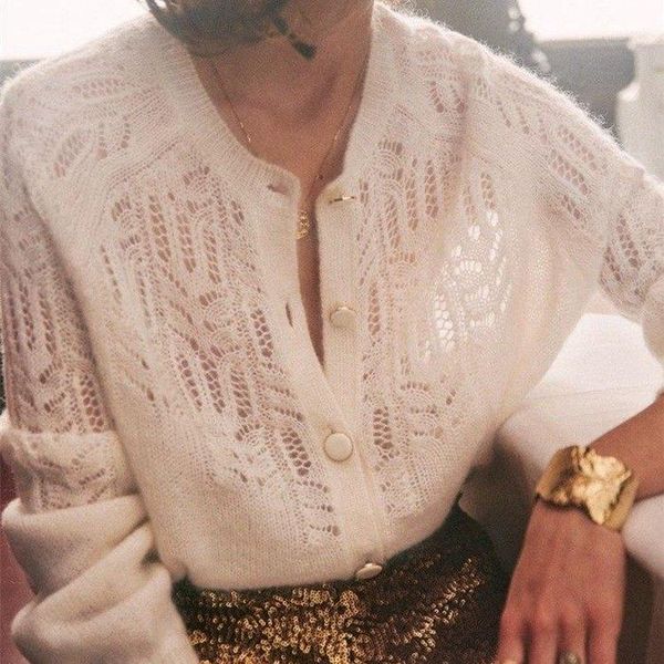

2020 new french niche mohair knitted cardigan women's chain link flower hollow loose wool coat thin, White
