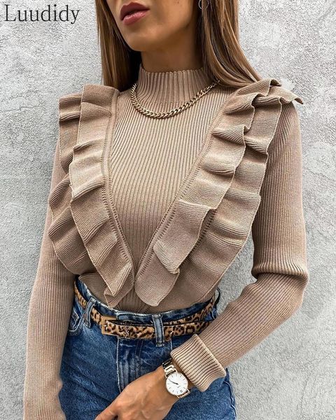

women knitted turtleneck ruffle sweater 2020 casual pullover jumper long sleeve loose 1, White;black