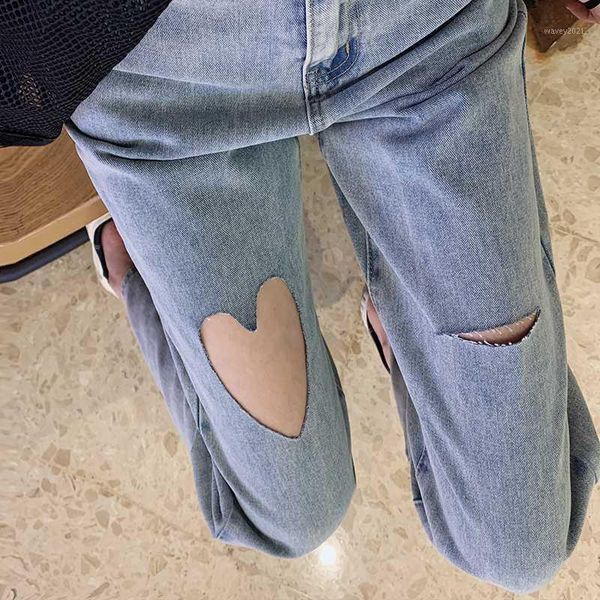 

women's jeans 2 colors autumn vintage high waist women denim harajuku kawaii love heart female hole wide-leg mujer1, Blue