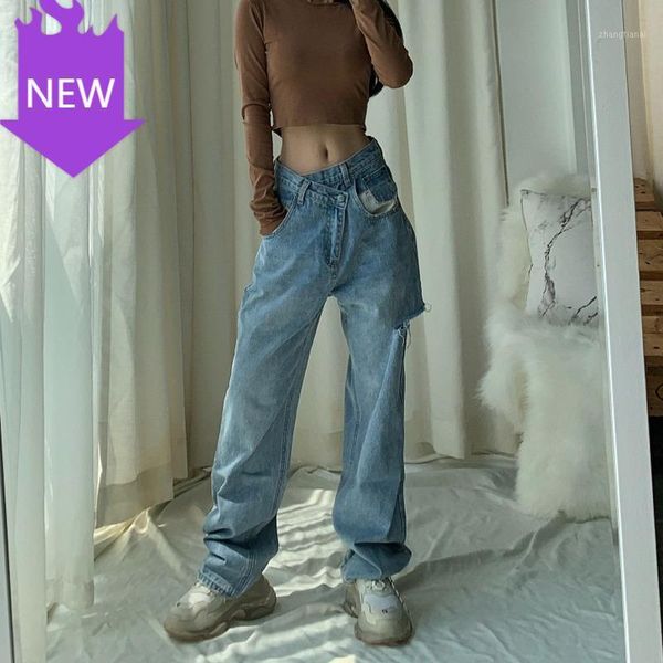 

womens loose denim pants 2020 casual wide leg pants streetwear vintage waist hole straight jeans1, Blue