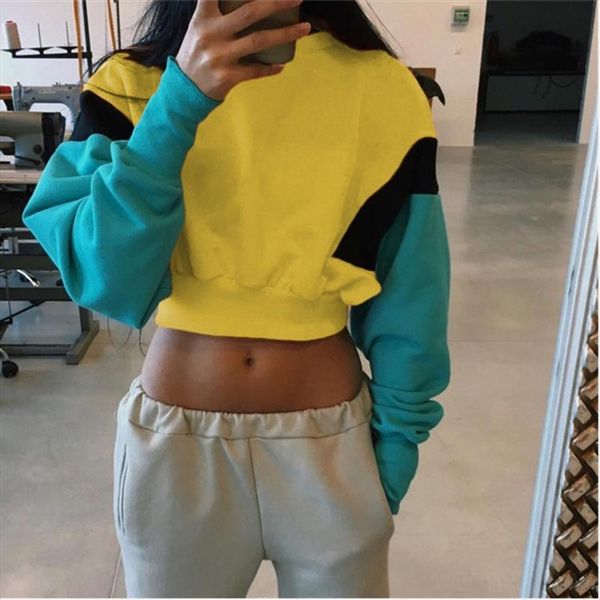 

autumn and winter patchwork hoodies women sweatshirt round neck long sleeve jacket harajuku crop moletom tumblr ez*, Black