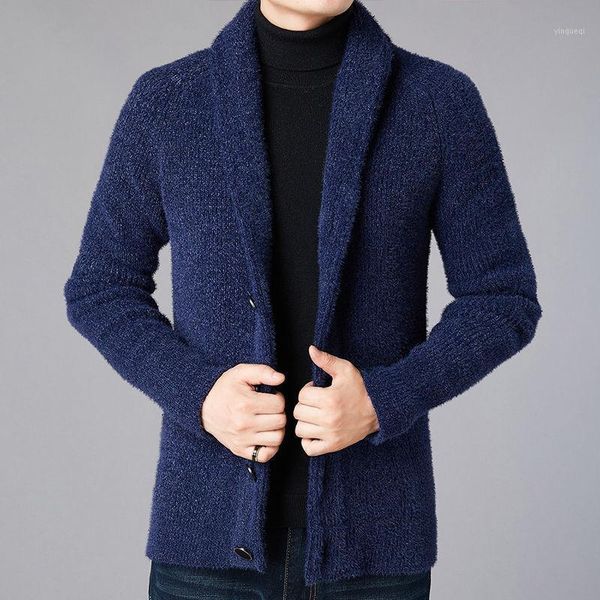 

2021 new autumn winter men cardigan men's slim warm thicken soft solid knitted sweater male casual turn-down collar clothes s181, White;black