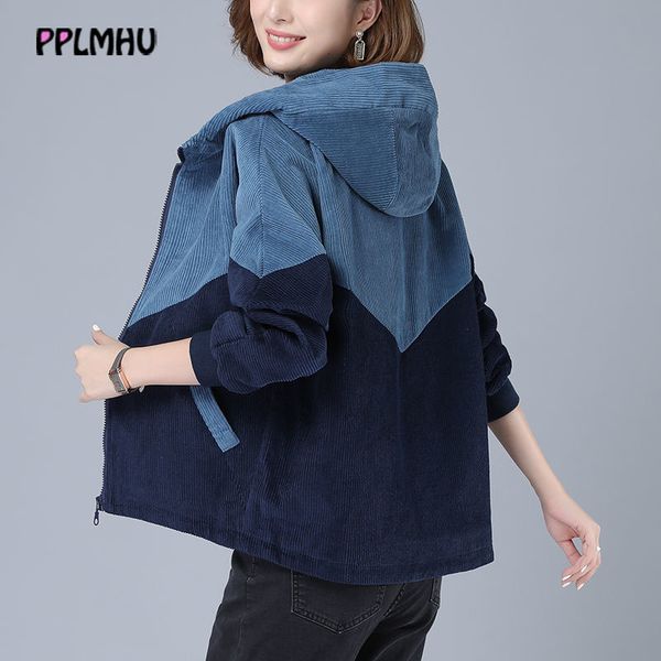 

patchwork color hooded corduroy short jacket women fall harajuku oversized loose coat new arrival casual pocket outerwear 201028, Black;brown