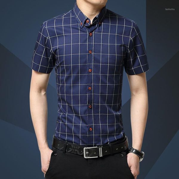 

fashion brand clothing mens short sleeve shirt 2020 summer new plaid slim fit shirt cottoncasual men 100% clothes -5xl1, White;black