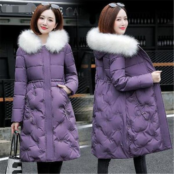 

women's down & parkas winter warm fur collar hooded cotton padded jacket long slim outwear coats overcoats, Black