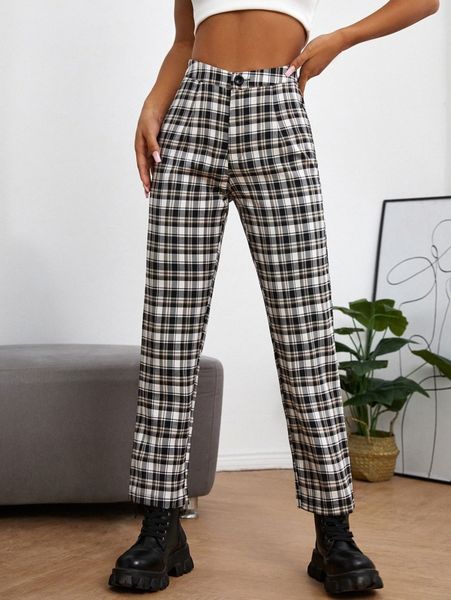 

petite plaid straight leg pants s6mm#, Black;white
