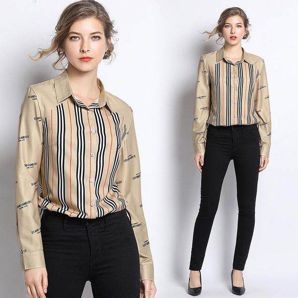 

новая весна лето осень runway урожай полосатый печати воротник с длинным рукавом ol отложным шеи женщин партии casual лучшие рубашки блузки, White