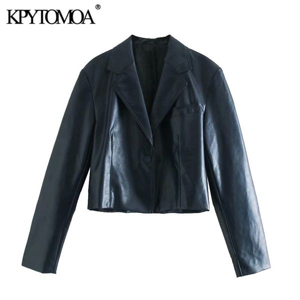 

kpytomoa women 2020 fashion faux leather cropped jacket coat vintage long sleeve snap-button female outerwear chic lj201012, Black