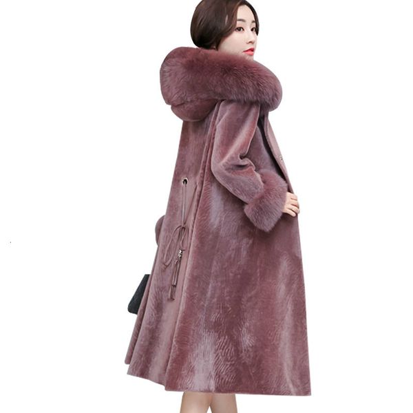 

2021 new sheep sheared female jacket medium long new winter fashion fox skin hoodie parker fur jackets with hood big size women's cloth, Black