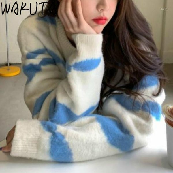 

wakuta soft knit pullover sweater women leisure loose contrast color fashion autumn winter 2020 chic jumper vintage1, White;black