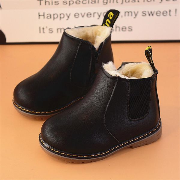 

новый детский boots меха pu leather boy ботинок снежка девушки мотоцикла резиновые сапоги водонепроницаемые дети botas обуви qylrqv infant20, Black
