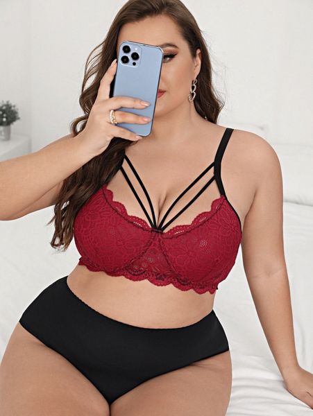 

plus floral lace scallop trim underwire bra g1tn#, Black;white