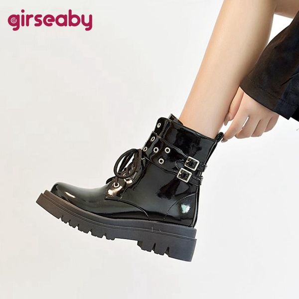 

boots girseaby punk women ankle round toe flat square heel patent leather 6cm lace-up zip buckles plush big size 43 red s2085, Black