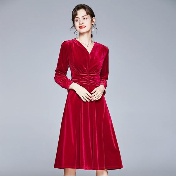 

coigarsam full sleeve women dress high waist v-neck dresses red 8715, Black;gray