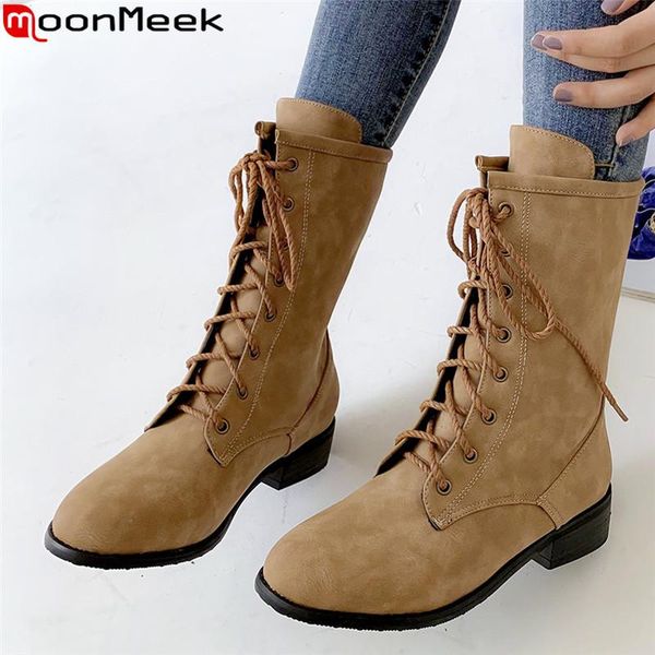 

boots moonmeek large size 34-46 fashion ankle for women round toe autumn winter cross tied med heels shoes, Black