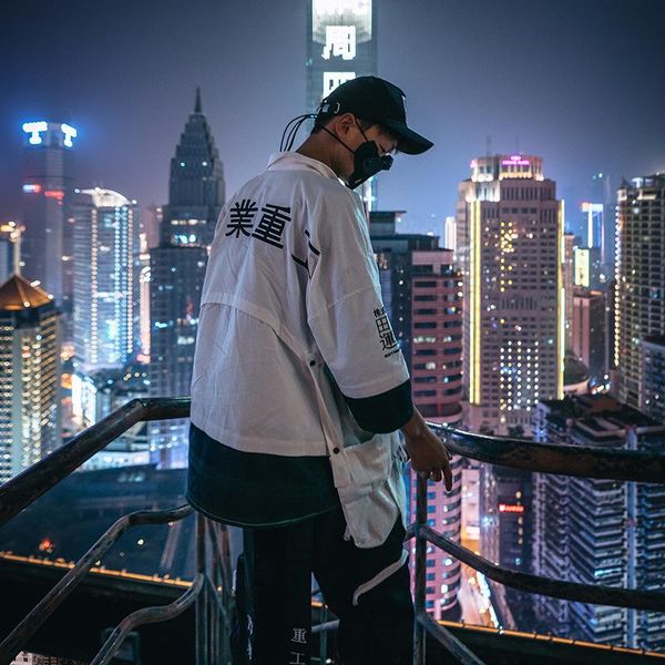 

men's casual shirts letter embroidery big pockets hip hop cargo techwear men retro loose summer streetwear blouses vintage cardigan, White;black