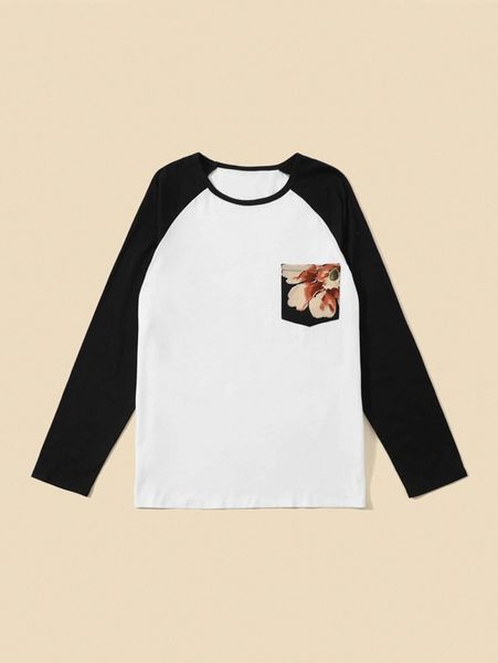 

men 1pc floral print patched pocket raglan sleeve tee m3iu#, White;black