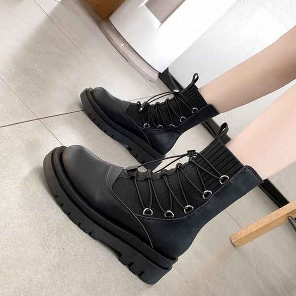 

2020 flower buckle ankle boots women elastic cross-tied platform motorcycle booties female knitting patchwork winter botas mujer, Black