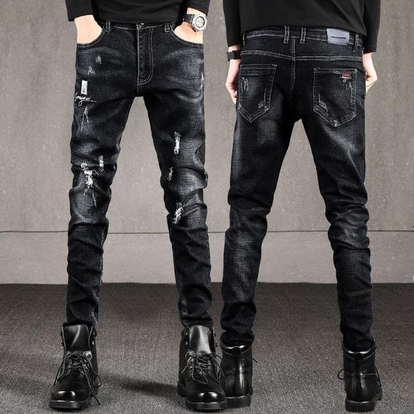 

autumn and winter ripped thick stretch jeans men's korean slim ankle-tied jeans men's trousers ripped for men punk clothes, Blue