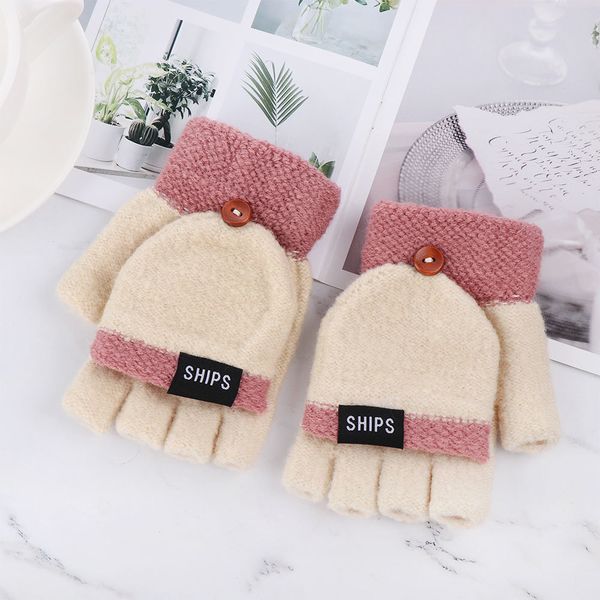 

new women winter knitted ladies thicken warm wool flip glove girls soft elastic flocking half-finger gloves