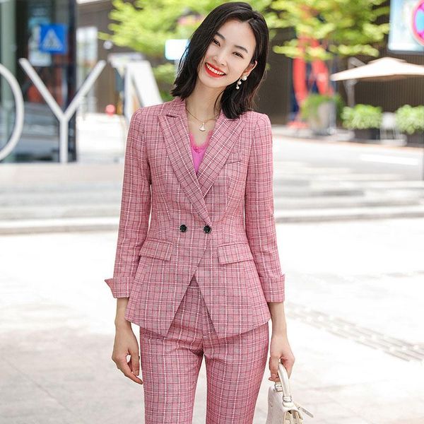 

fabric elegant plaid formal women business suits with pants and jackets coat autumn winter ladies office blazers1, White
