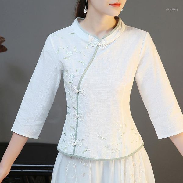 

white jacquard tang suit women's 2018 spring and summer cotton slim three quarter sleeve traditional chinese clothing1, Red