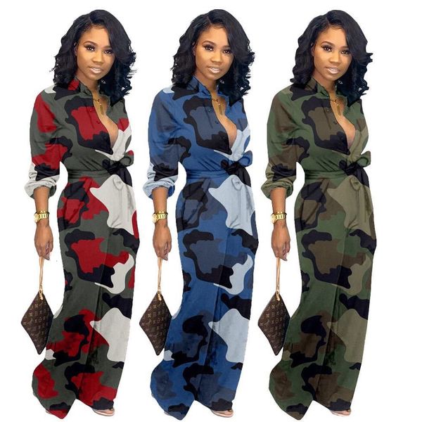 

fall clothing for women camouflage long sleeve bandage one piece jumpsuit
