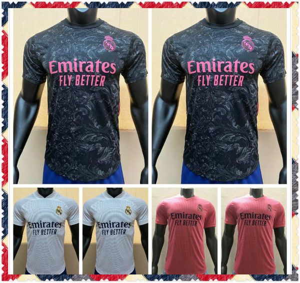 

player version 2020 2021 real madrid soccer jersey valverde sergio ramos hazard kroos benzema modric home away football player tight shirt, Black;yellow