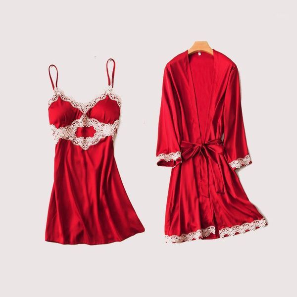 

daeyard women's pajamas autumn new silk robe and gown sets lace backless pijamas 2pcs sleepwear nightwear home clothes1, Black;red