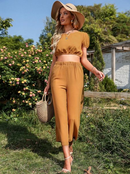 

puff sleeve crop & elastic waist pants c4hp#, White