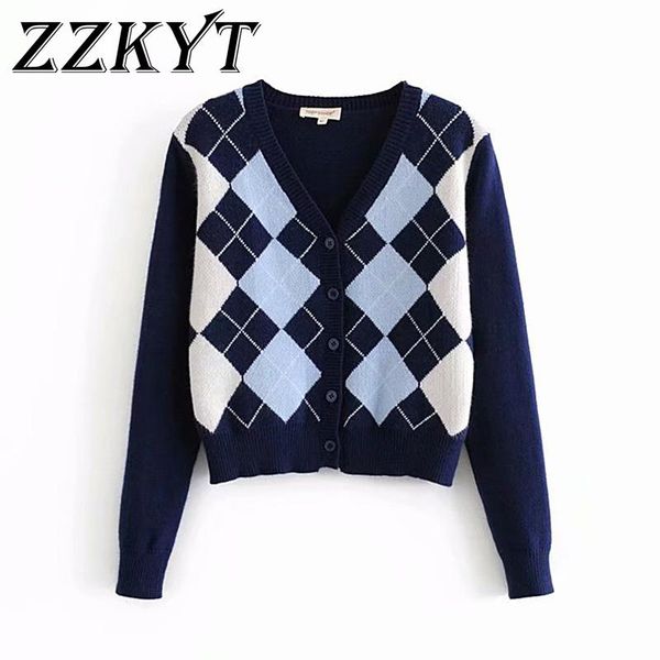 

women's knits & tees zzkyt vintage geometric rhombic cardigan sweater women fashion autumn warm long sleeve outerwear chic england styl, White