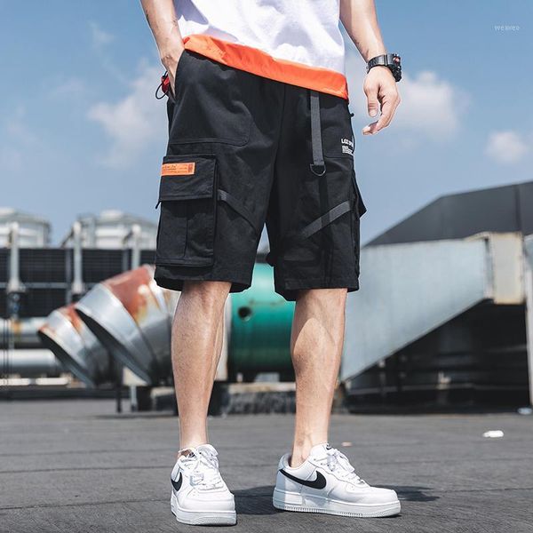 

summer casual cargo shorts men cotton solid ribbons pockets streetwear mens shorts knee length bermuda short pants men1, White;black