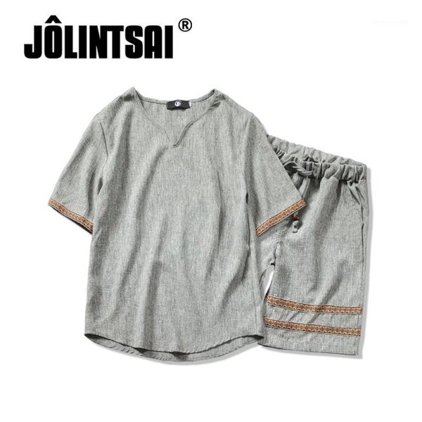 

jolintsai new summer unique men cotton linen t shirt+short sets fashion v-neck t-shirt tracksuit men casual suits plus size 5xl1, Gray