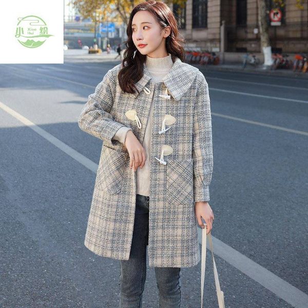 

autumn thick-knit 2021 and popular winter new plaid horn buckle wool coat for woman's preppy style mid-length length 4hvw, Black