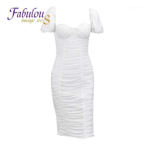 

casual dresses fabandage ruched double mesh women puff sleeve backless party club kneelength elegant female summer collar rose white dr, Black;gray