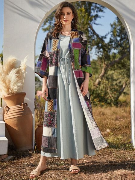 

patchwork print longline coat & belted tunic dress s8vt#, White