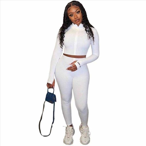 

turtleneck knit rib bodycon fitness tracksuit women zipper embroidery lucky label crop leggings two piece set outfits, Gray