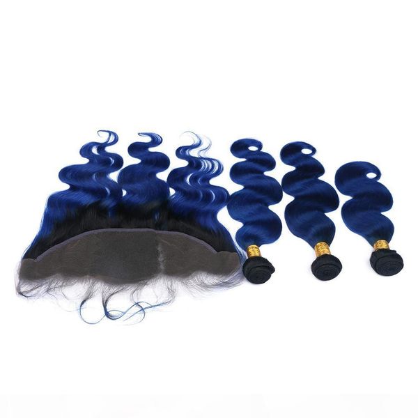 

peruvian dark blue ombre human hair wefts with lace frontal closure 13x4 body wave #1b blue dark root ombre virgin hair weave bundles, Black;brown