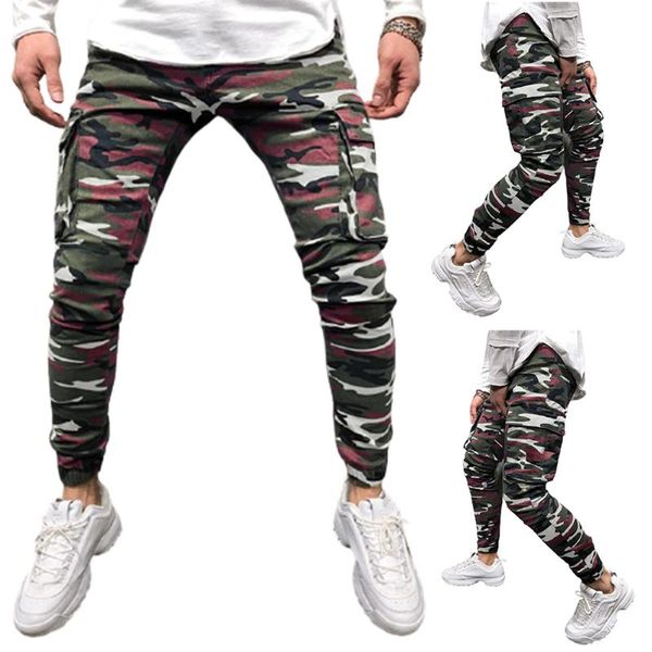 

new camouflage style men trousers multi-pocket skinny stretch feet cargo pants hip hop solid-colored pencil pants men, Black
