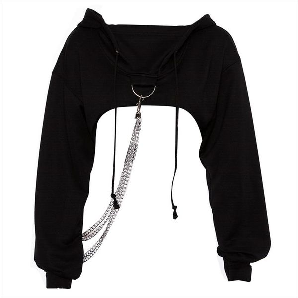 

black short hoodies women loose hooded sweatshirt female autumn new chic open cuff ring buckle pullover