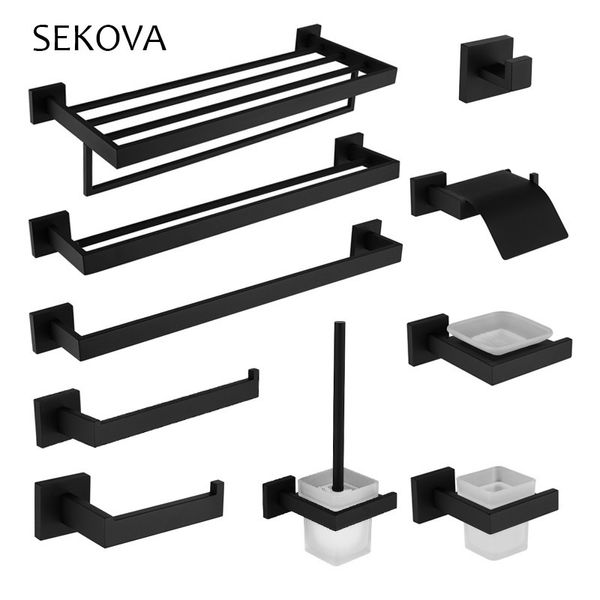 SEKOVA Porta asciugamani in acciaio inossidabile nero 304 Porta scopino porta carta Dispenser di sapone Porta asciugamani Gancio per bagno Set di accessori per il bagno LJ201211