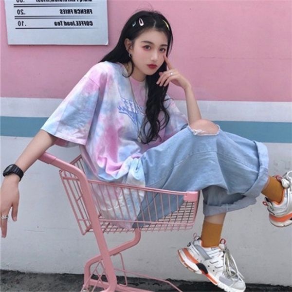 

корейская свободный harajuku галстука окрашенная bf летом ins горячей cec короткого рукава футболки студент девушка тренд лутши top coat ne9, White