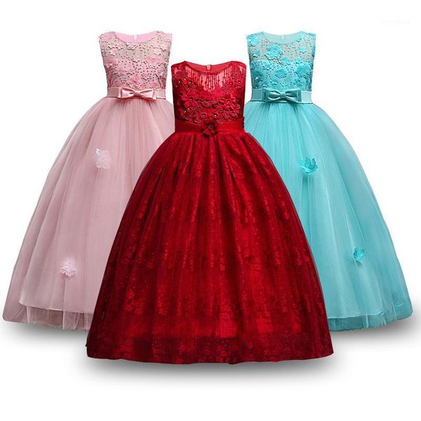 

teens girls party dress 2020 elegant girl princess costume sleeveless applique girl dresses birthday lace tulle long dress 4-14y1, Red;yellow