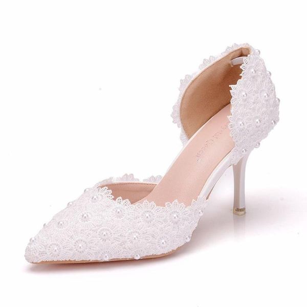 

7.5 cm white lace wedding high heels pointed mid-heel banquet sandals hollow large lace bridal wedding shoes women, Black