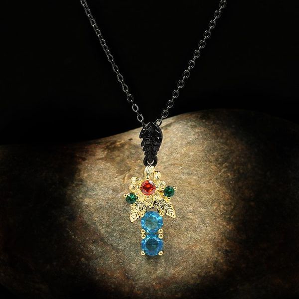 

chains charlinliol original women jewelry blue zircon charms pendant necklace retro tungsten black gold filled 2021, Silver