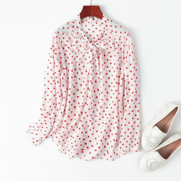 

women's 100% mulberry silk crepe silk white dots bow tie neck long sleeve shirt blouse collared office work l xl mm0531