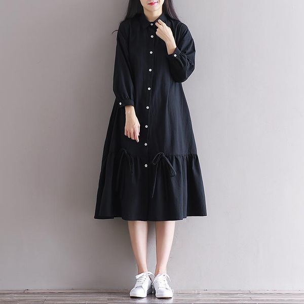 

casual dresses plus size cotton vintage summer dress 2021 big loose comfortable robe femel turn-down collar mid-calf women, Black;gray